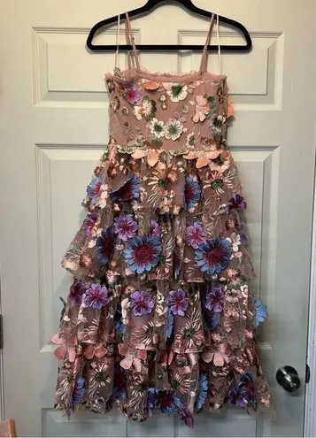 Endless Rose Velvet Embroidered Tiered Midi Dress Fairytale 3D Floral Blush Pink