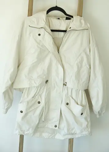 Vintage Aeros Windbreaker Cream Jacket | Longline Parachute Coat Womens Small White