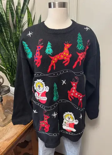 Vintage Santa Snowperson Beaded Christmas Sweater 90s large Black