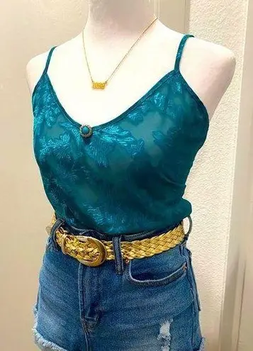 VTG 80s 90s Colesce Collection Lingerie Semi Sheer Green Floral Cropped Cami Top Blue Size L