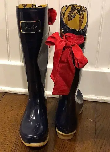 JOULES Navy Blue Tall Rain Boots with Red Bow and Toile Lining Size 9