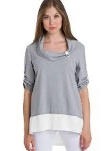 Neon Buddha Gray White Knit Top Cowl Neck Roll Tab Sleeves Surf Tunic size small