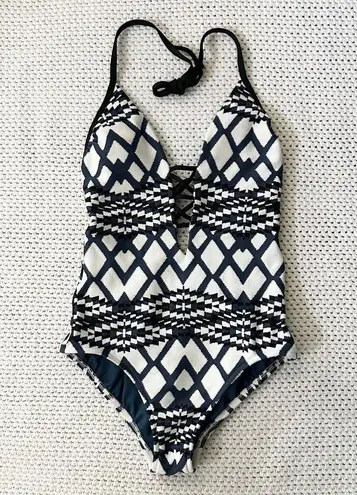 Seafolly Australia Blue White Black Modern Tribe Deep V Neck Maillot One Piece