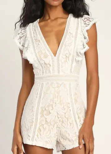 Lulus  All The Attraction Lace Short Sleeve Shorts Romper White Large - Image 1