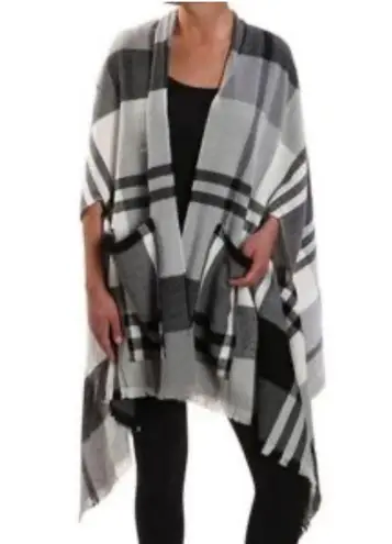 Plaid Blanket Scarf Shawl White Black Gray Fringe One Size