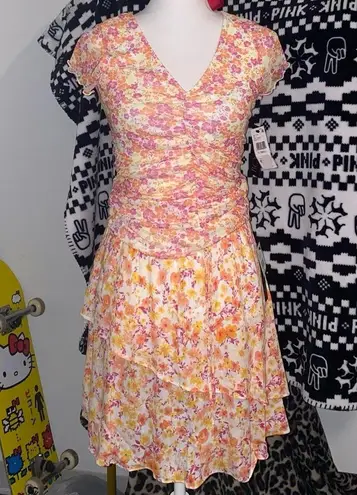 BCX dead stock tropical floral print babydoll runched top with floral midi skirt