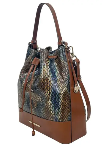 Brahmin Marlowe Embossed Leather Bucket Bag Bottle Blue Fletcher