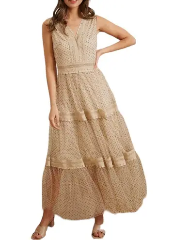 CHOKLATE Paris Dotted Tulle Maxi Dress Cream/Black Ruffle Sleeve Tier Size Small