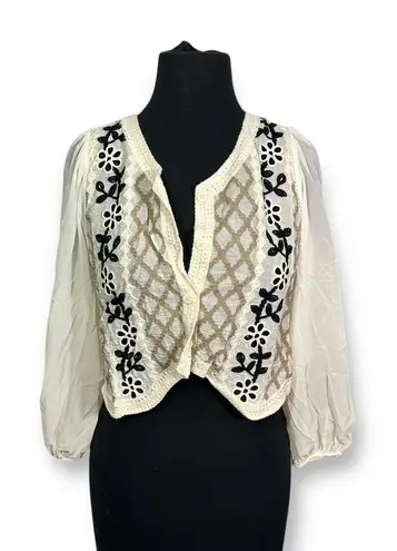 EUC Boho Crochet Vest Sheer Sleeve Floral Embroidered Cream Cotton Top Size M