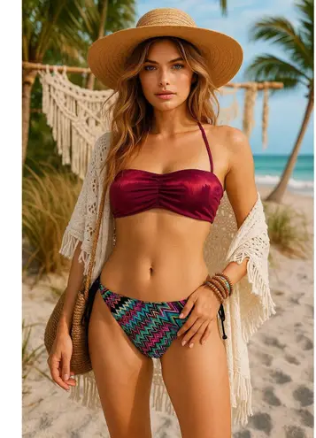 Tribal & Leopard Bikini Set Two Bottoms OP Swimwear Boho Festival Size Large Purple