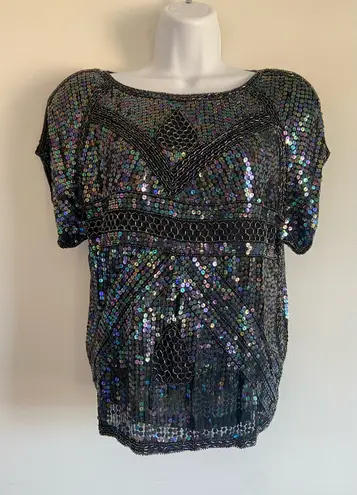 Vintage Silk SequinTop Black Iridescent Short Sleeve Blouse Party Art Deco NYE