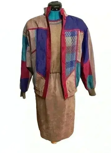 Vintage Ciao Ltd Plaid Sweater Gray Taupe Suede Dress Jacket 2 Piece Set Size 4 Multiple