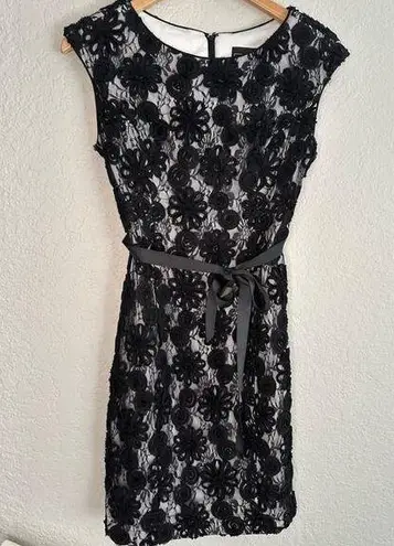 Alex Evenings Black Embellished Goth Cocktail Dress Wedding Ribbon Lace 3D Rose