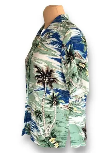 Vintage Kauaiana Top Green Blue Tropical Palm Print Flower Detail Short Sleeve