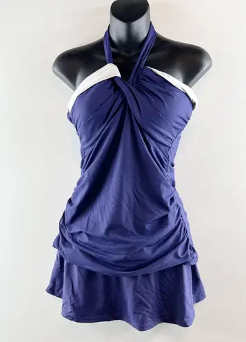 Anne cole Two Piece Twist Front Halter Tankini Skirt Bikini Set Blue M / L