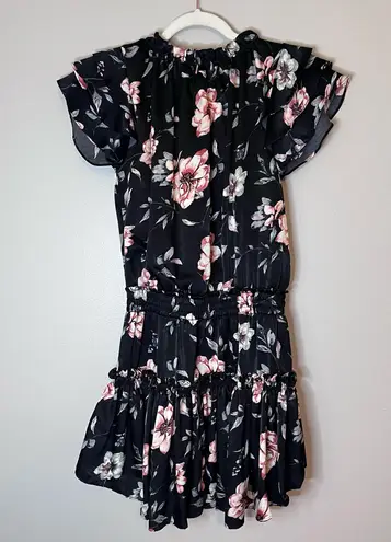 MISA Los Angeles Cecile Satin Floral Tiered Ruffle Tassel Mini Dress Black Pink