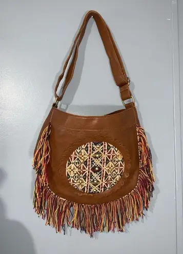 Raj Dark Caramel Tan Hobo Shoulder Strap Fringe Embroidery Beads Boho Hippie Bag