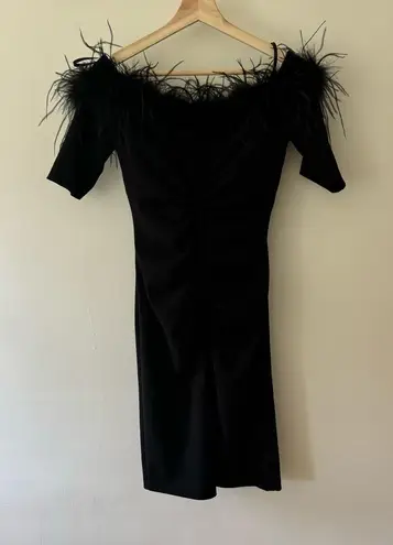 XScape  Feather Black Trim Off The Shoulder Scuba Sheath Midi Dress Size 6