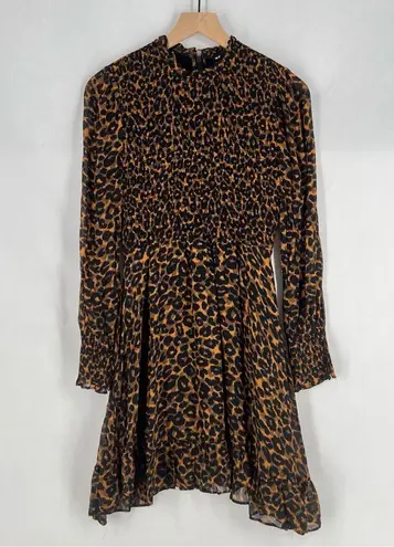 Whistles Classic Leopard Shirred Dress Long Sleeve Mini Mock Fit & Flare Size 6 Brown Size M