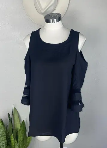 Black Cold Shoulder Top Women's Small Sheer Mesh Bell Sleeves Dress