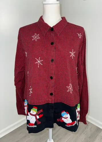 lemon grass Christmas Shirt XL Red Black Check Snowman Embroidered Cotton