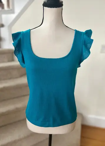 St. John Teal Blue Square Neck Flutter Sleeve Santana Knit Top