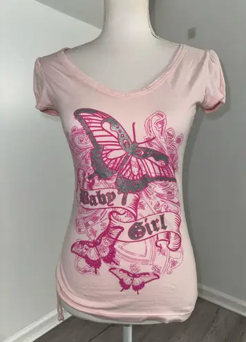 Common Threads Y2K Baby Girl Pink Butterfly Tattoo Tee M Side Ruched Vintage
