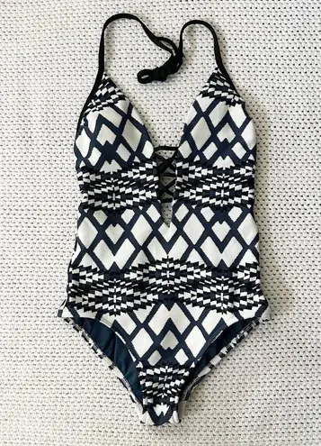 Seafolly Australia Blue White Black Modern Tribe Deep V Neck Maillot One Piece