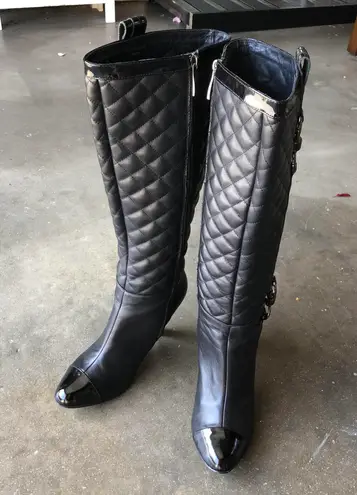 Quilted Black Leather Heeled Tall Boots Size 6.5