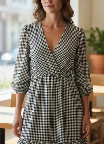 Ali Ro v-neck long sleeve Gingham Dress aprox Large A-46