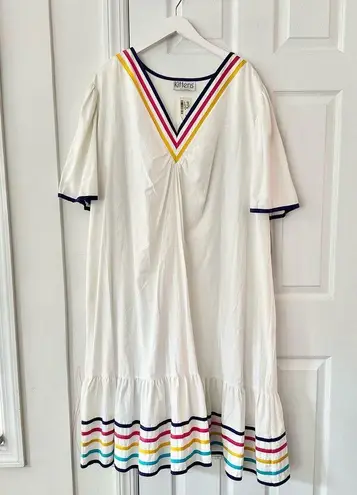 Kittens USA Cotton White Colorful Ribbon Trim V Neck Trapeze Dress 2X Ric Rac