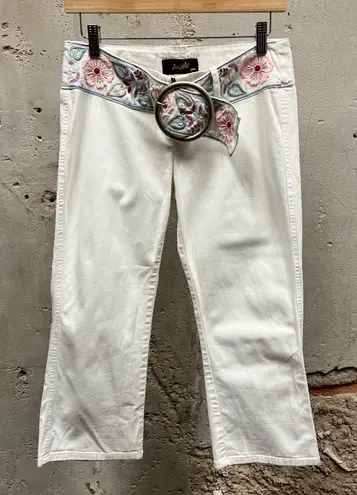Angels Vintage Y2K Capri Crop Embroidered Floral Chunky Buckle Jeans 7 30 Disco White