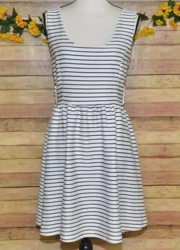 Lauren Conrad Sun Dress Navy Nautical Cross Back Size L Fit & Flare Preppy Lined White Size L