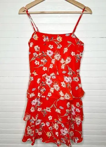 ROW A Womens Red Orange Floral Ruffle Tiered Dress Size S Sleeveless NWOT