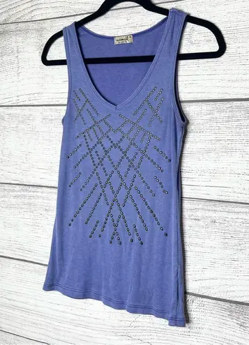 One World Blue Studded Design Ribbed Stretch V Neck Tank Top Size Medium