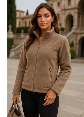 Cabela's Fleece Zip Jacket Brown Green Cozy Buttery Soft Outdoor Granola Autumn