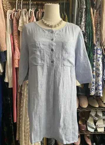 Andrea Jovine Blue 3/4 Sleeve Bib Collar Tunic 100% Linen Chambray