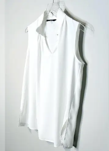 Ming Wang Sleeveless Crepe De Chine Pleated Collar White Tank Blouse Shirt Sz M
