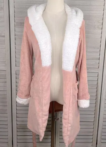 Hooded Robe Soft Fleece w Pockets Pink/White