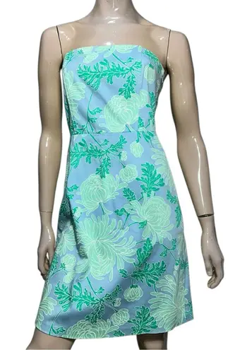 Tibi Women’s 6 Blue Green Floral Leaf Print Corset Tie Back Strapless Mini Dress