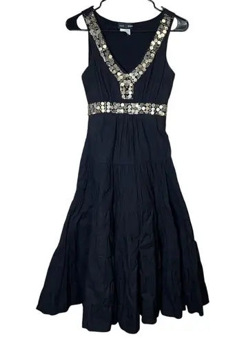 Sue Wong Black Beaded A-line Tiered Cocktail Dress Gold Belt India VTG Y2K Sz 4P