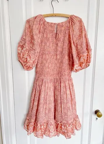 Cleobella • Mina Mini Dress pink floral organic cotton puff sleeve ruffle smock