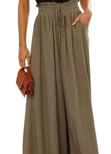 High Waist Wide Leg Palazzo Culottes Loose Pants Womens Small Olive Green Tan