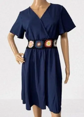 Navy Blue Boho Cottagecore Crochet Granny Square Knee Length Dress Size S