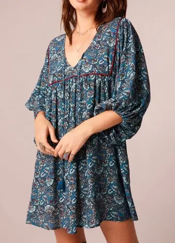 Band Of The Free New Floral Print Tassel Tie Babydoll Mini Dress Teal Size Small