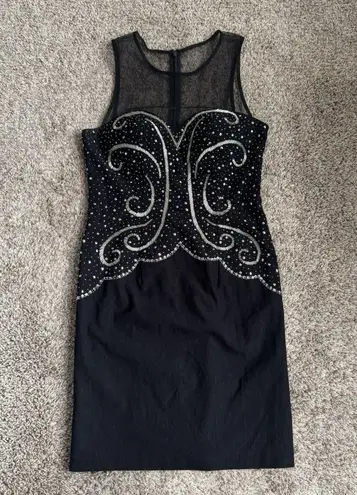 Blondie Nites Women’s Vintage Look Form Fitting Black Sequin / Mesh Top Knee Length Dress Sz 5