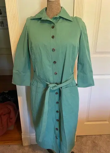 Bill Blass Sage Green Taffeta Button Front Belted Midi Dress Size 0 NWT