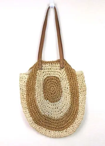 Woven Straw Oval Hobo Shoulder Purse Bag Tan Ivory Beach Travel Zip Closure