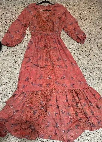 Boemo Anthropologie Revolve Maxi Dress Coral Pink Sz M Ruffle Tiered Long Sleeve Size M