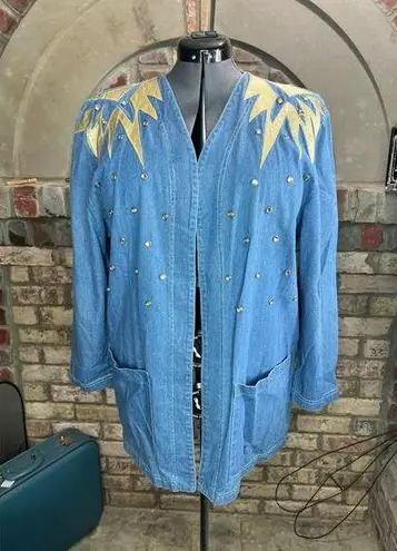 Jean Jacket open front gold shoulders studded bedazzled 1990s Blue Size XL
